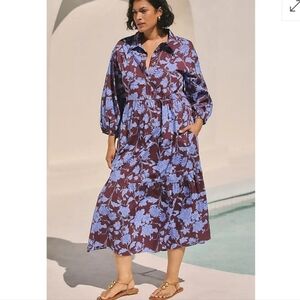 Anthropology Maeve The Bettina Tiered Shirt Dress in maroon/blue Sz 3X